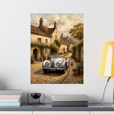 Vintage car poster wall art featuring a classic car on a cobblestone street with quaint buildings