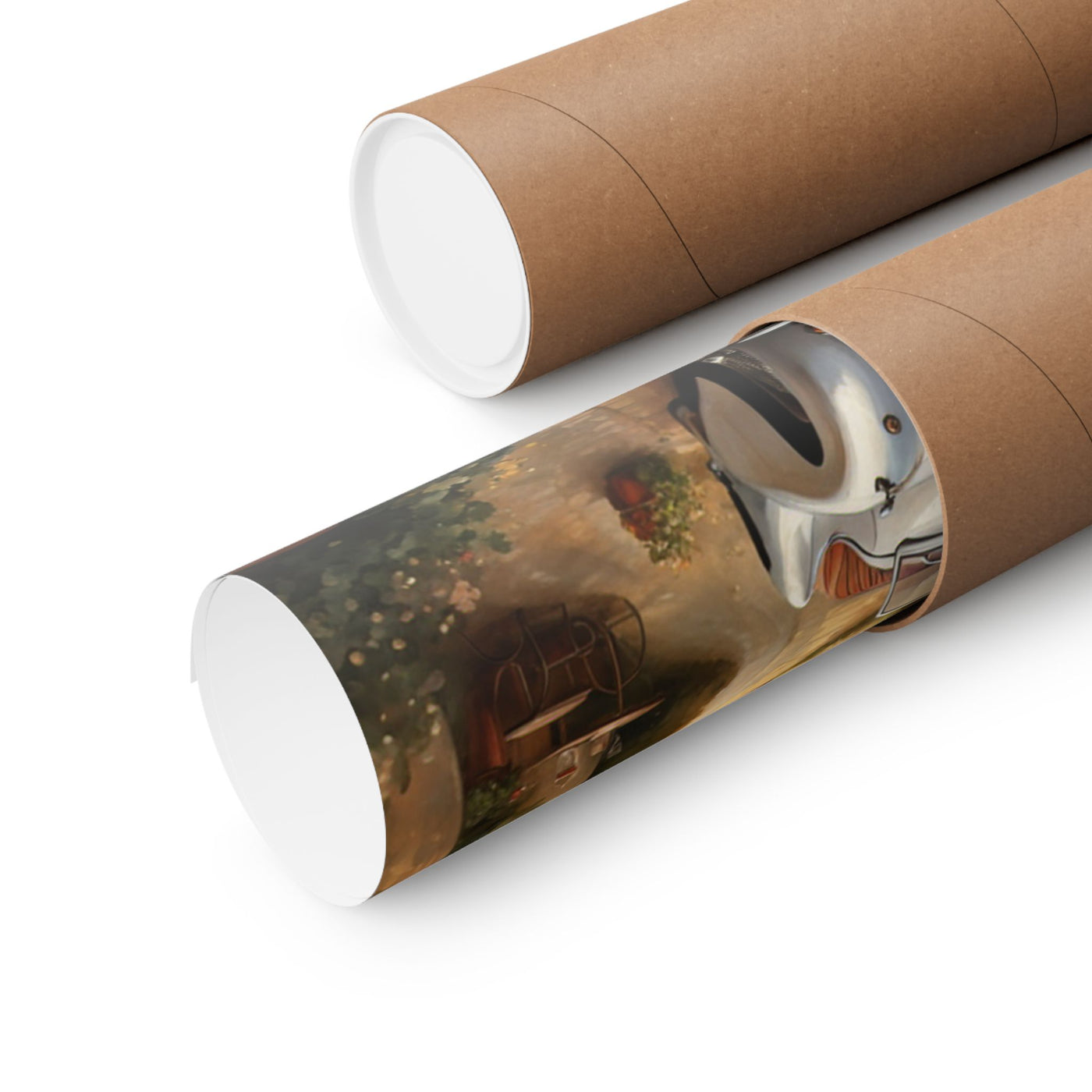 Vintage car poster wall art rolled up in a protective tube for easy shipping and storage