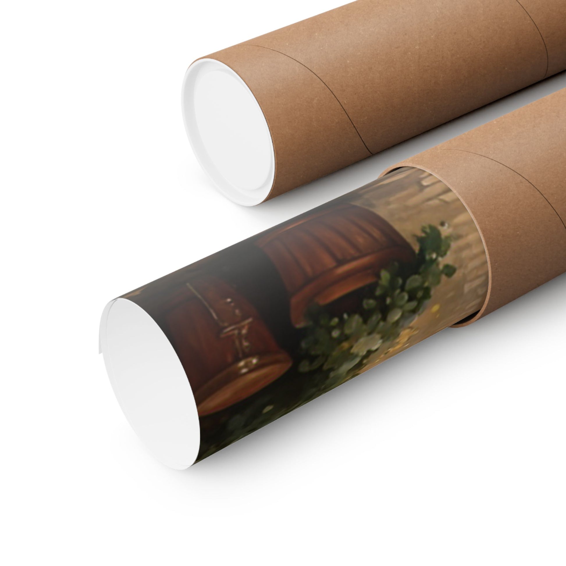 Vintage car poster wall art rolled up in a protective tube for easy transport and storage