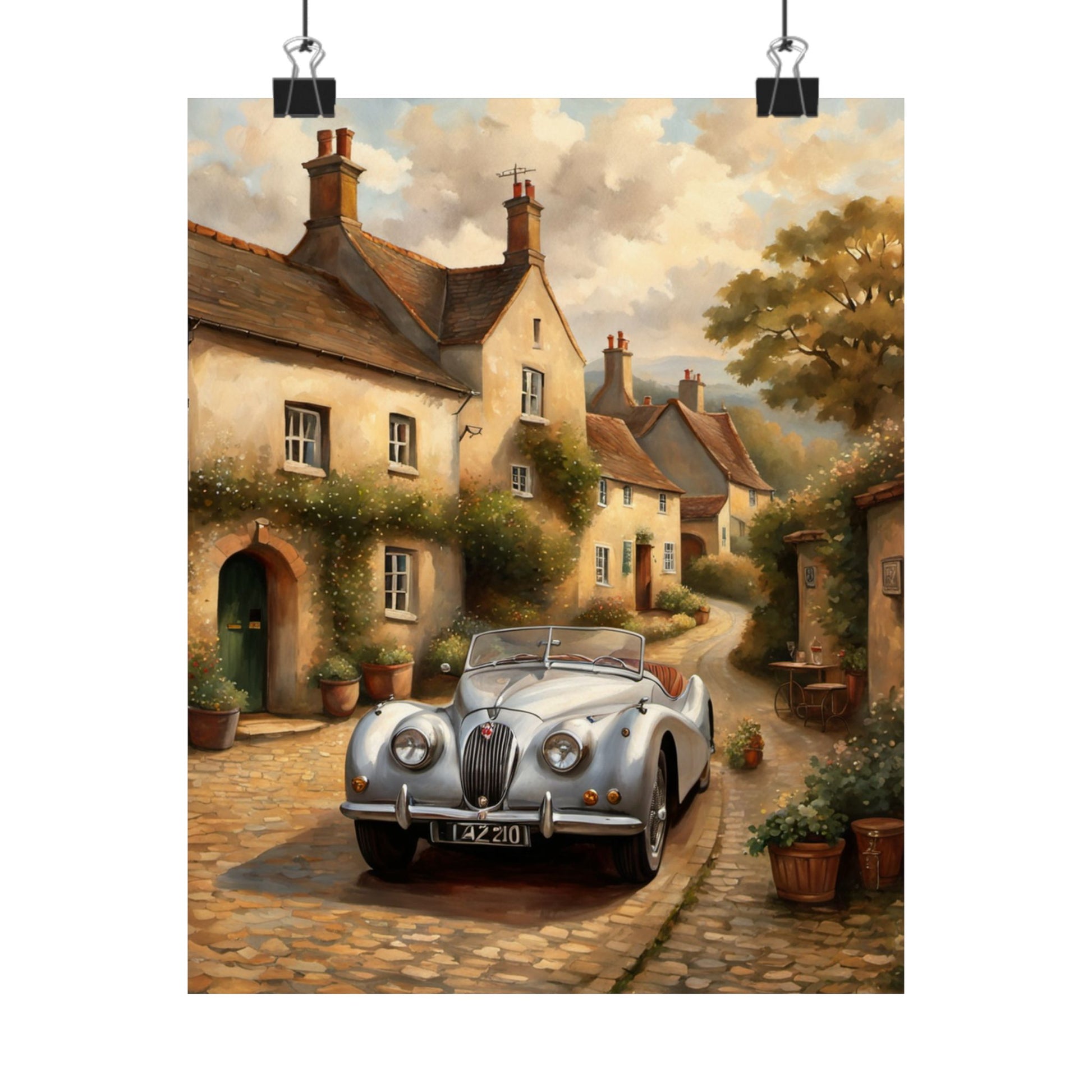 Vintage car poster wall art featuring a classic car on a charming village street surrounded by cottages