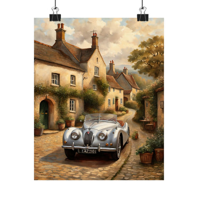 Vintage car poster wall art featuring a classic car on a charming village street surrounded by cottages