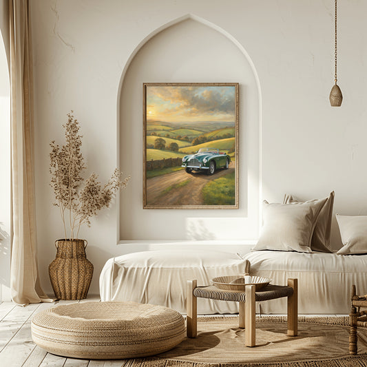 Vintage car sunset artwork by AquilVision displayed in a cozy beige living room with natural accents