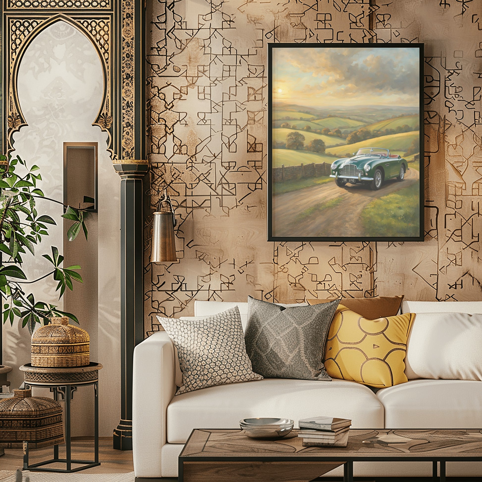 Vintage car sunset artwork displayed above couch in stylish living room with patterned wall and decorative pillows