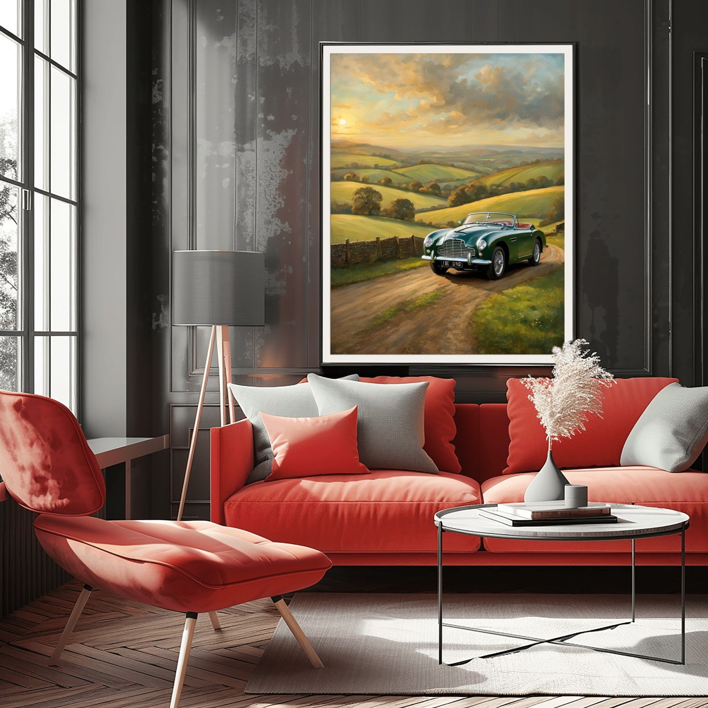 Vintage car sunset artwork by AquilVision displayed above red sofa in modern living room