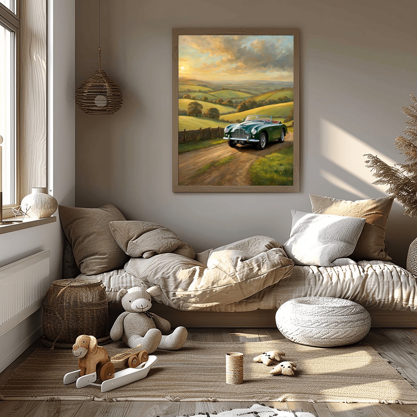 Vintage car sunset artwork by AquilVision displayed in cozy living room with neutral decor and soft natural light