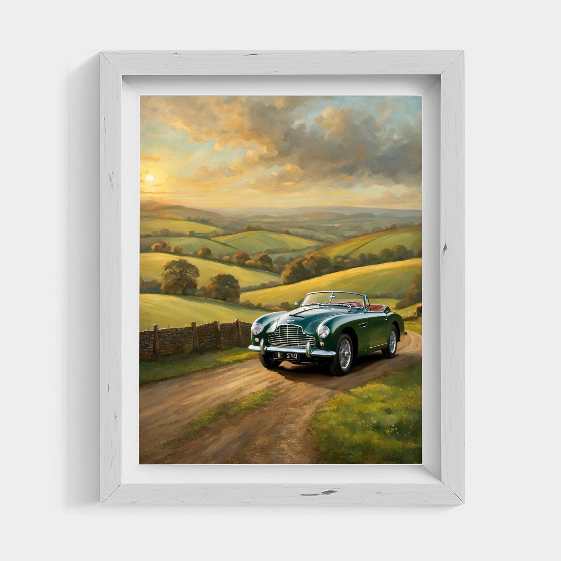 Vintage car sunset artwork showing a classic green convertible driving on a countryside road at sunset