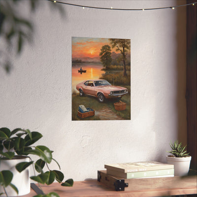 Vintage Car Sunset poster featuring a classic car by a serene lakeside at sunset