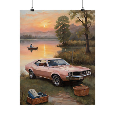 Vintage Car Sunset poster featuring a pink vintage car near a lake at sunset with a fisherman