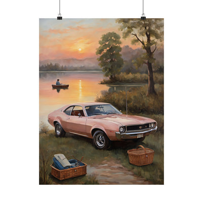 Vintage Car Sunset poster featuring a classic car by a serene lake at sunset with picnic baskets