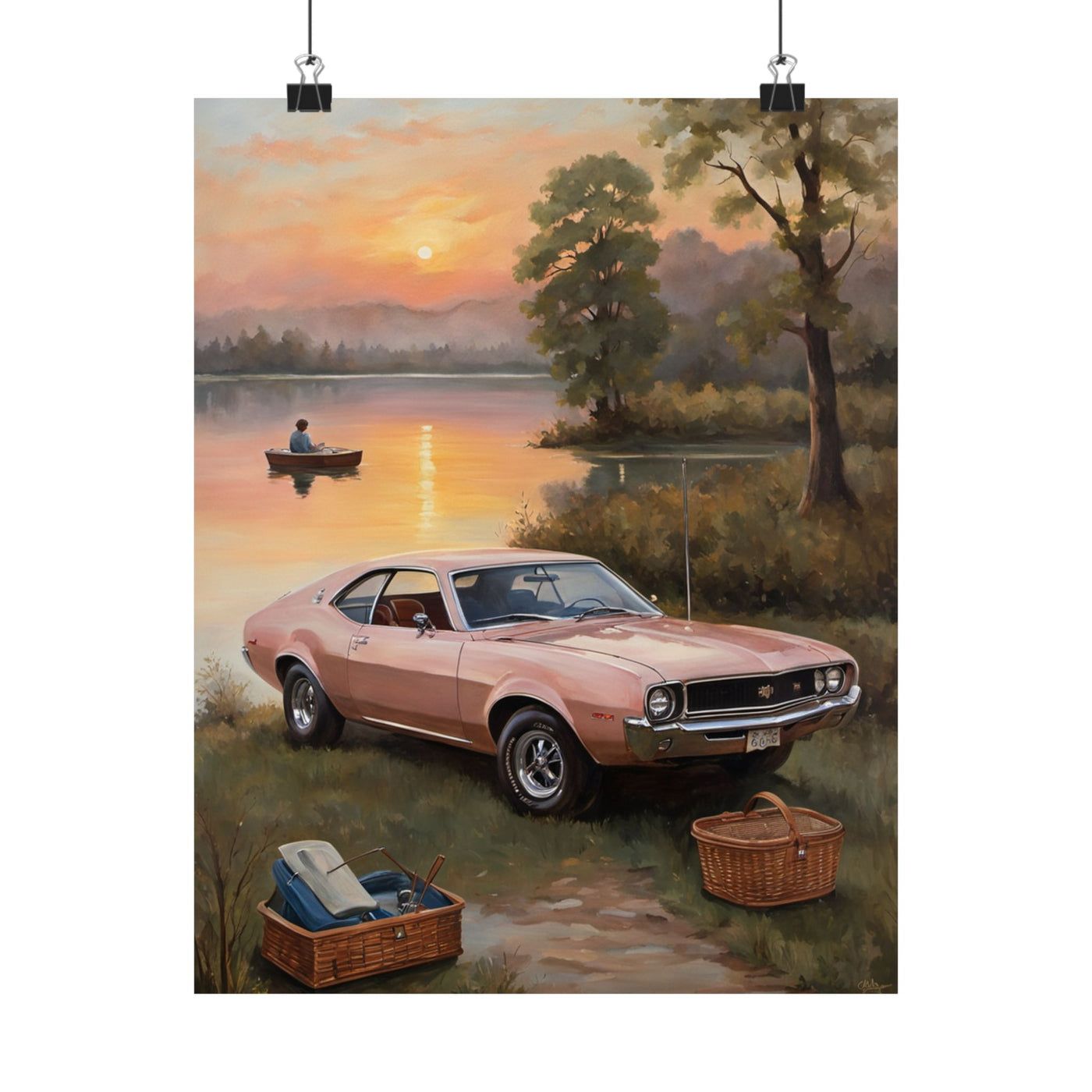 Vintage Car Sunset poster featuring a pink classic car by a serene lake at sunset