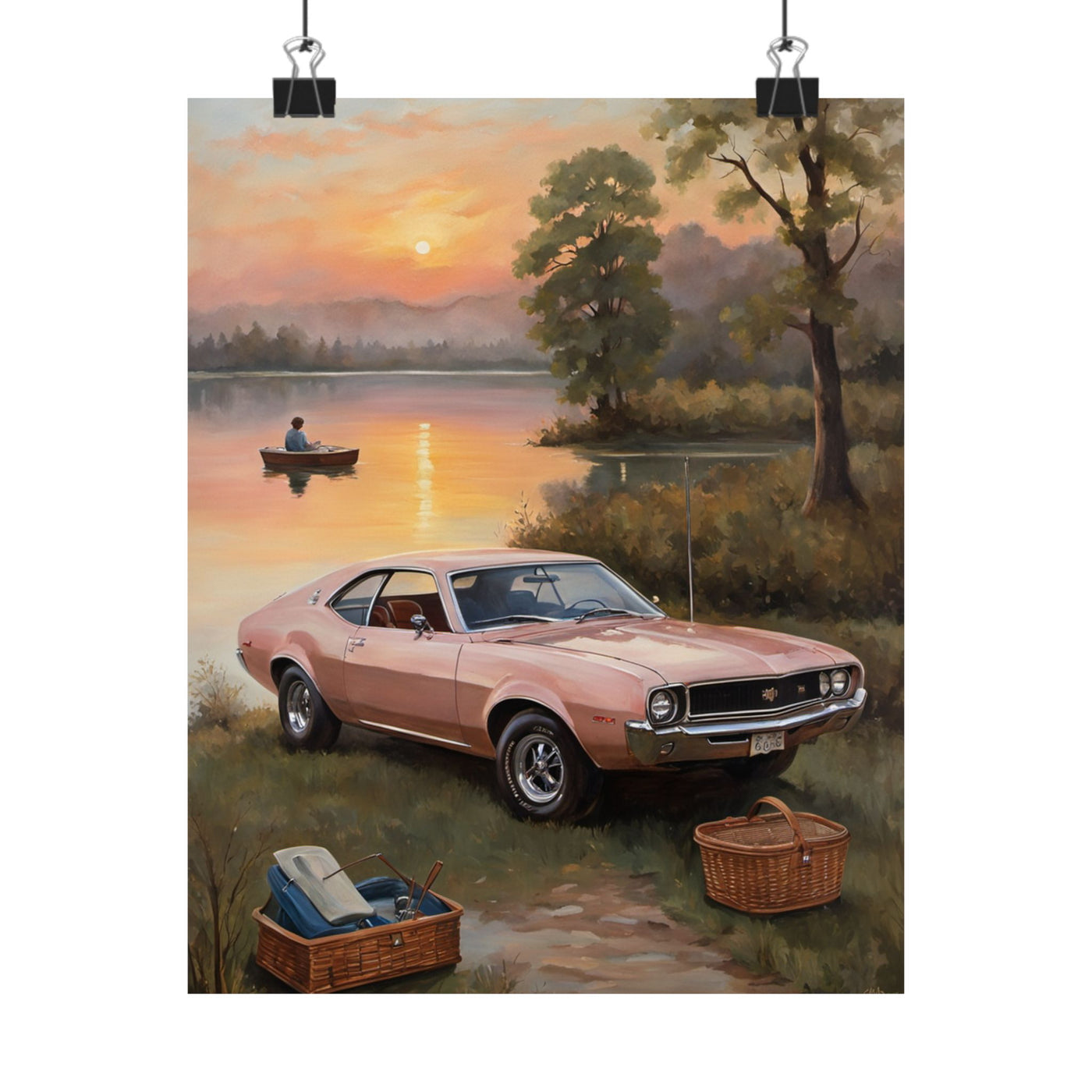 Vintage Car Sunset poster featuring a classic car by a lake at sunset with a scenic view