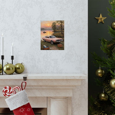 Vintage Car Sunset poster displayed above a fireplace, featuring a scenic sunset and tranquil lake