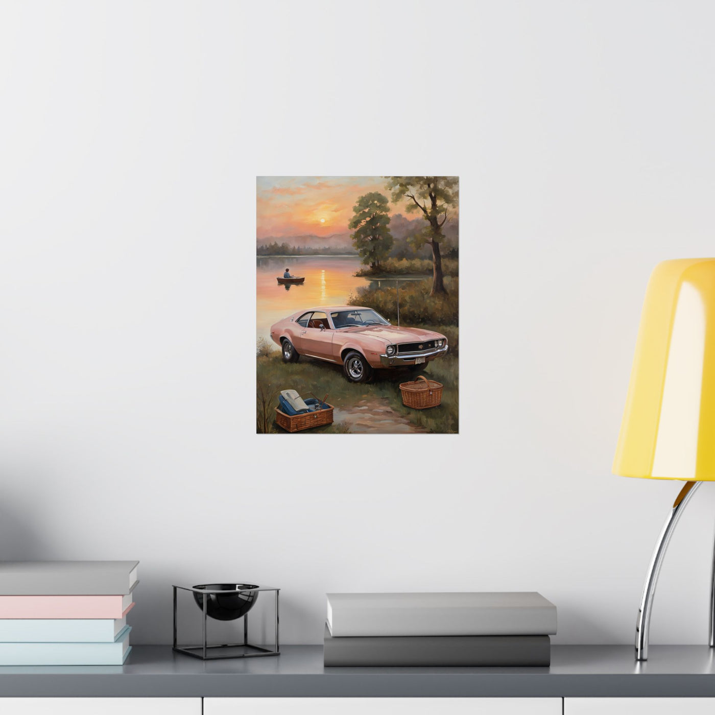 Vintage Car Sunset poster featuring a pink car by a lake at sunset with a fisherman in the background