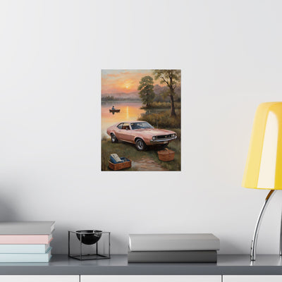 Vintage Car Sunset poster featuring a pink car by a lake at sunset with a fisherman in the background