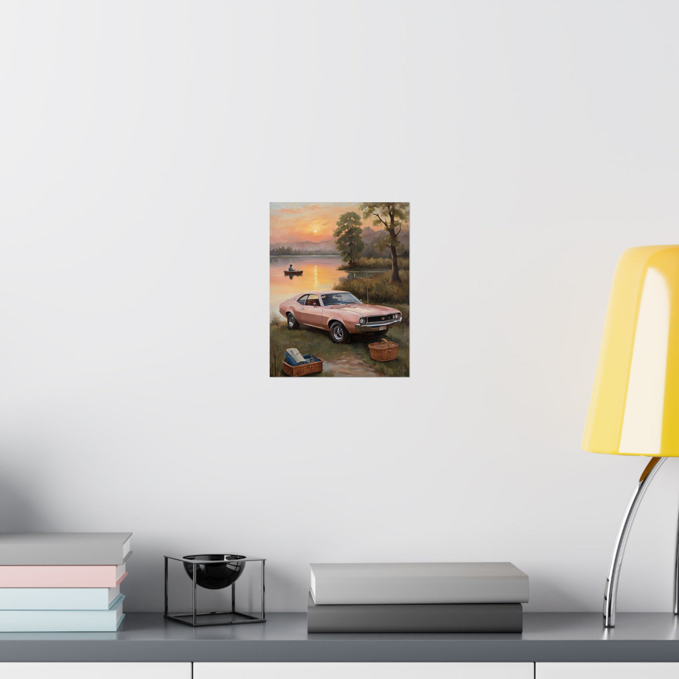 Vintage Car Sunset poster featuring a classic car by the water with a sunset backdrop