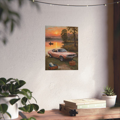 Poster of a vintage car sunset over a serene lake scene with a pink car and fishing boat