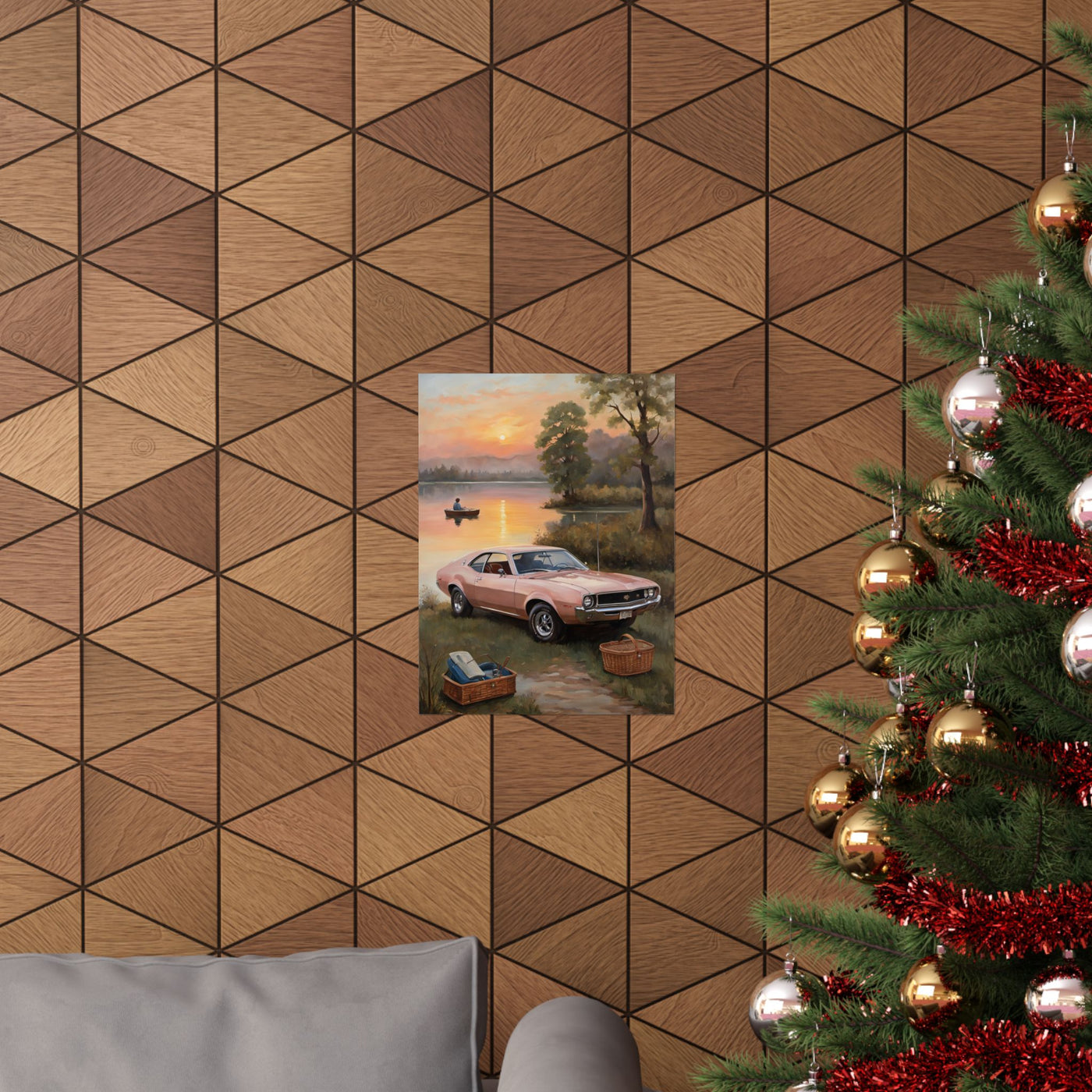 Vintage Car Sunset poster displayed on a geometric wall with a Christmas tree nearby