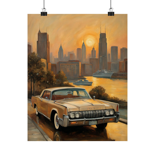 Vintage Car Sunset Poster featuring a classic car with a city skyline at sunset