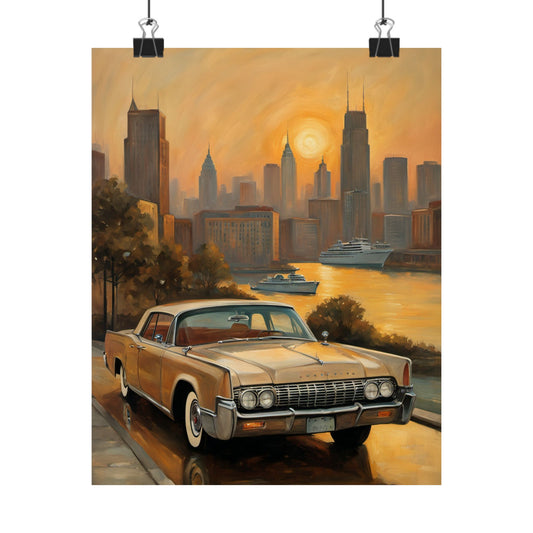 Vintage Car Sunset Poster featuring a classic car with a city skyline and sunset reflection