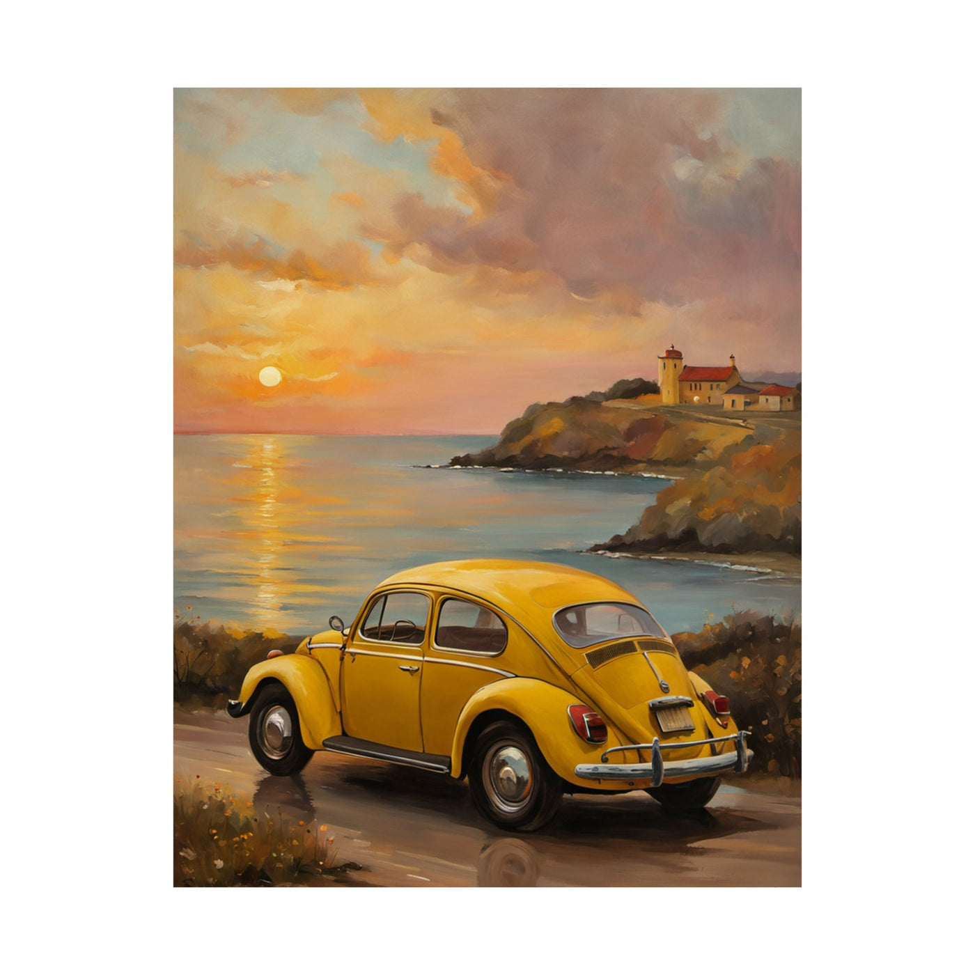 Vintage car sunset poster featuring a yellow old car by the ocean at sunset with a lighthouse