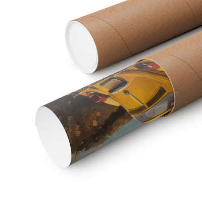 Vintage car sunset poster rolled and packaged in a protective tube for easy transport