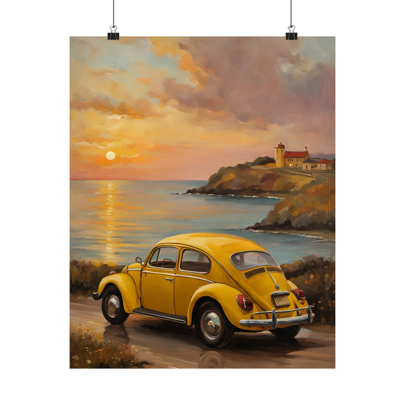 Vintage car sunset poster featuring a yellow car by the ocean at sunset with a lighthouse in the background
