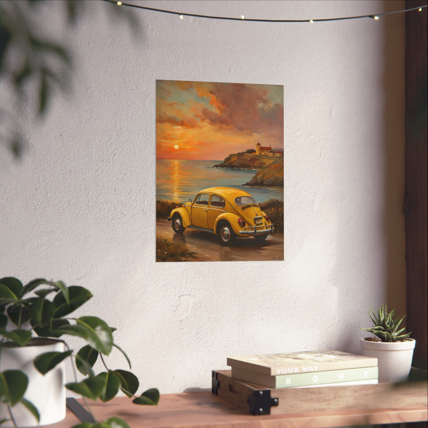 Vintage car sunset poster featuring a yellow classic car against a beautiful sunset by the ocean
