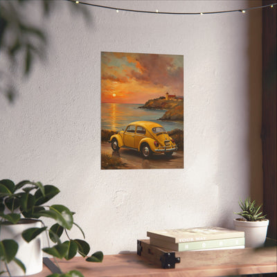 Vintage car sunset poster featuring a yellow classic car against a beautiful sunset by the ocean