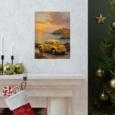 Vintage car sunset poster featuring a yellow car by the ocean at sunset with a lighthouse