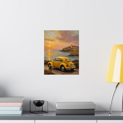 Vintage car sunset poster featuring a yellow classic car by the coast at sunset