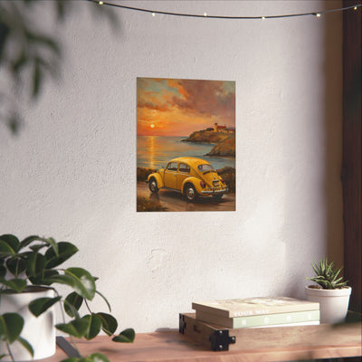 Vintage car sunset poster featuring a yellow car against a scenic sunset backdrop