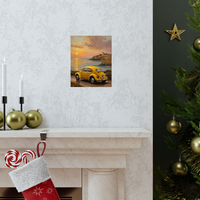 Vintage car sunset poster featuring a yellow nostalgic car against a scenic sunset backdrop