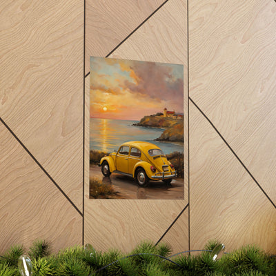 Vintage car sunset poster featuring a yellow car near a coast at sunset