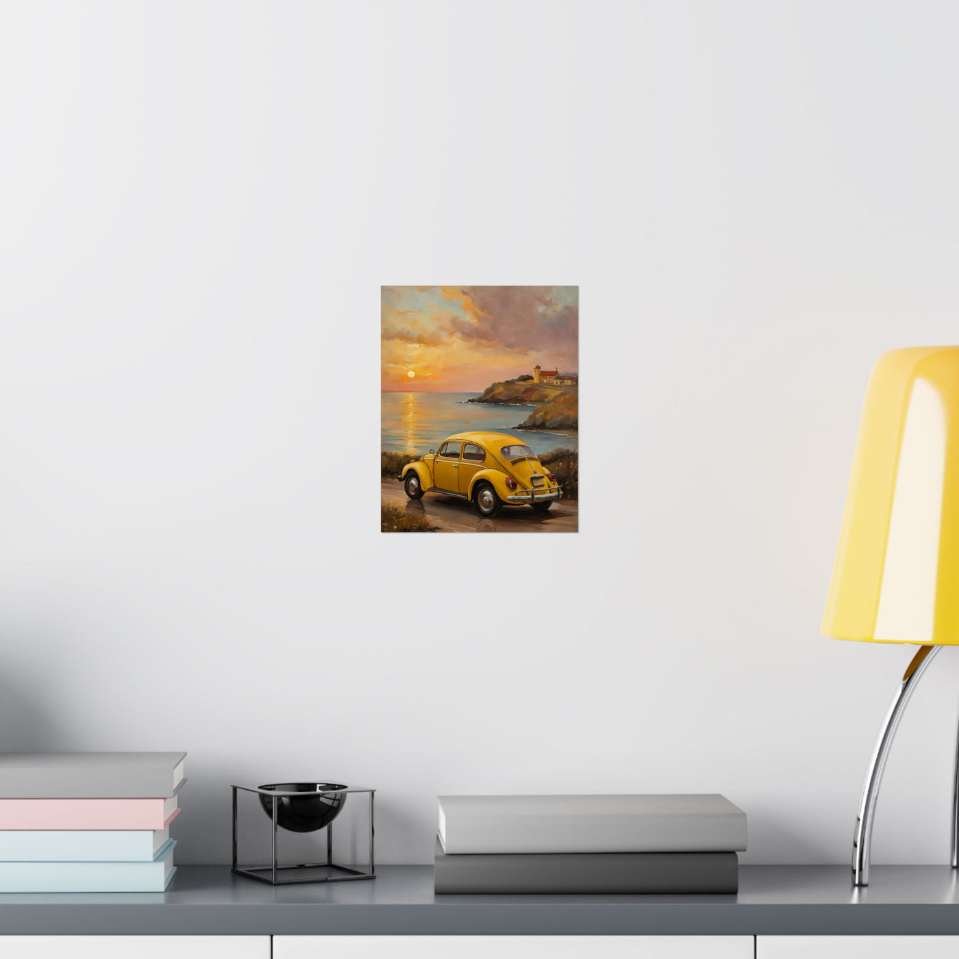 Vintage car sunset poster featuring a yellow car near a serene sunset by the ocean