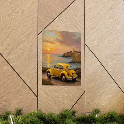 Vintage car sunset poster featuring a yellow car near a scenic coastline at dusk