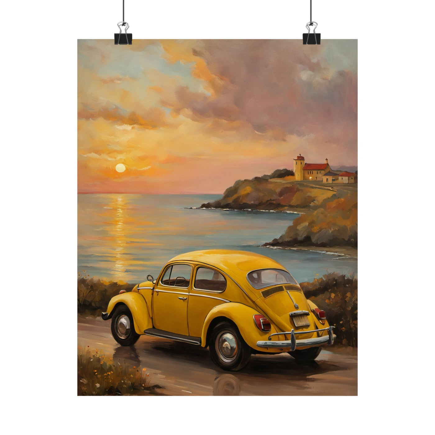 Vintage car sunset poster featuring a yellow car near a coastal sunset with a lighthouse