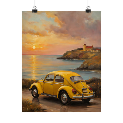 Vintage car sunset poster featuring a yellow car near a coastal sunset with a lighthouse