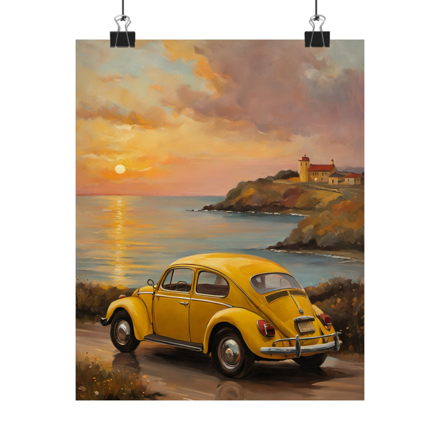 Vintage car sunset poster featuring a yellow nostalgic car by the ocean at sunset with a lighthouse