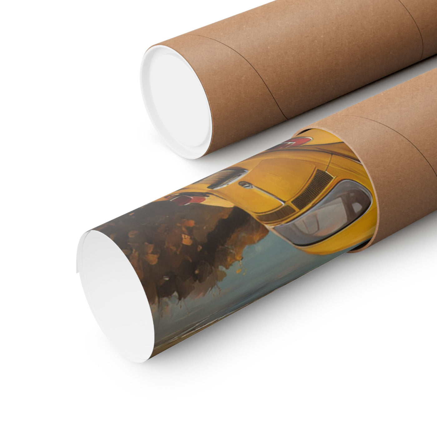 Vintage car sunset poster rolled up in a protective tube, showcasing colorful artwork