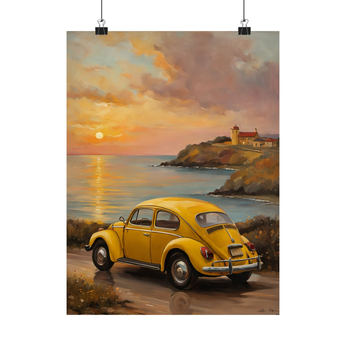 Vintage car sunset poster featuring a yellow classic car by the ocean at sunset