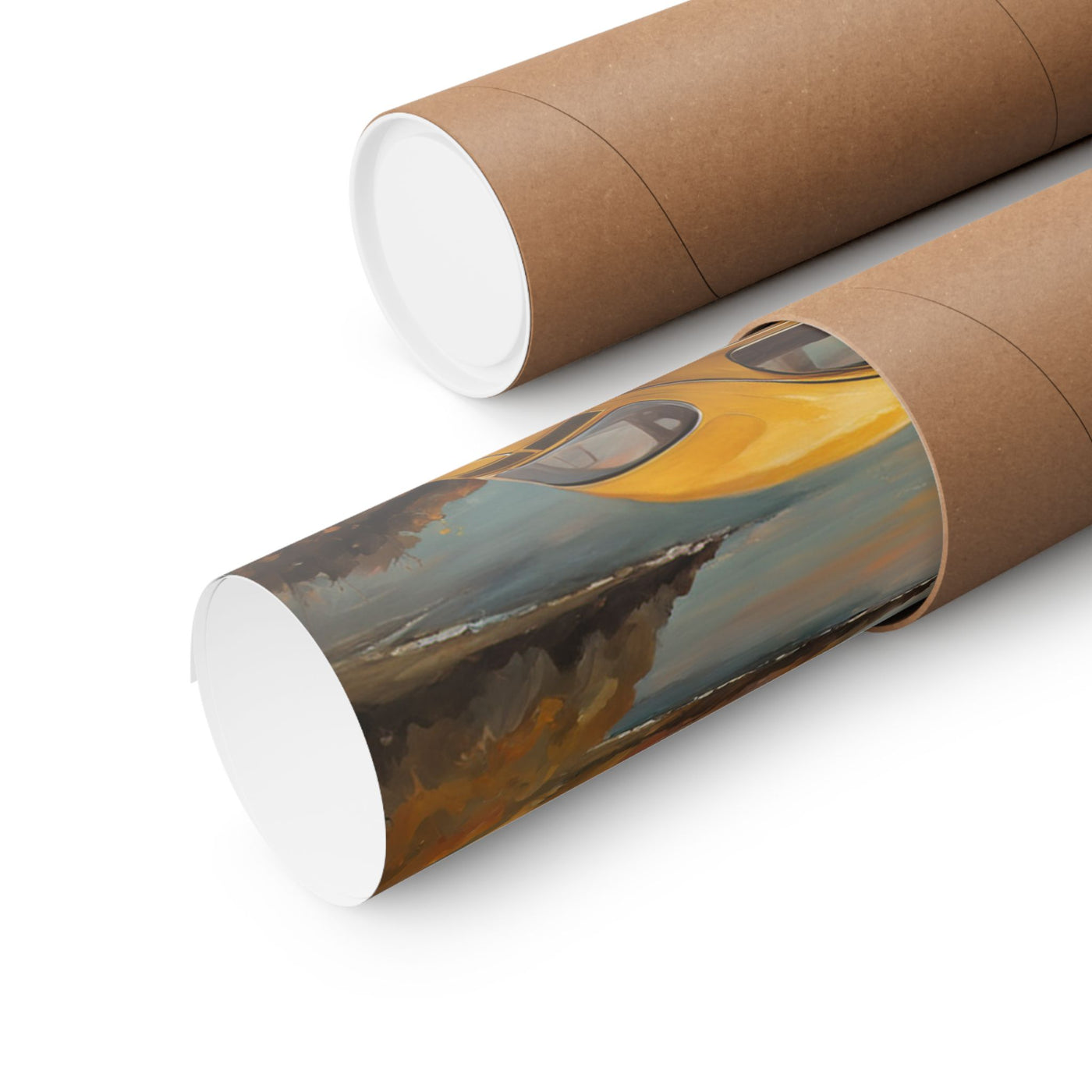 Vintage car sunset poster rolled in a kraft tube, showcasing stunning sunset colors