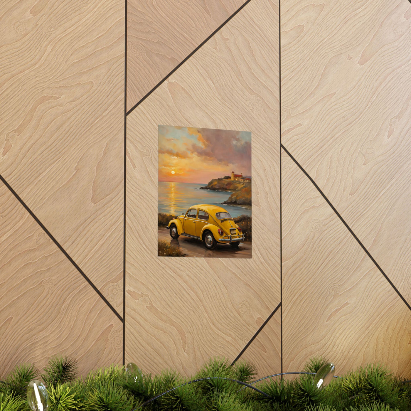 Vintage car sunset poster featuring a yellow classic car by a scenic beach at sunset