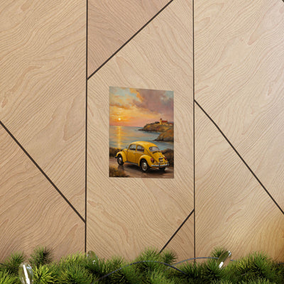 Vintage car sunset poster featuring a yellow classic car by a scenic beach at sunset