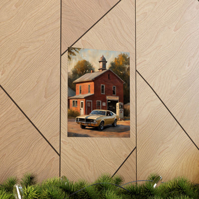 Vintage Car Wall Art featuring a classic car in front of a rustic red barn