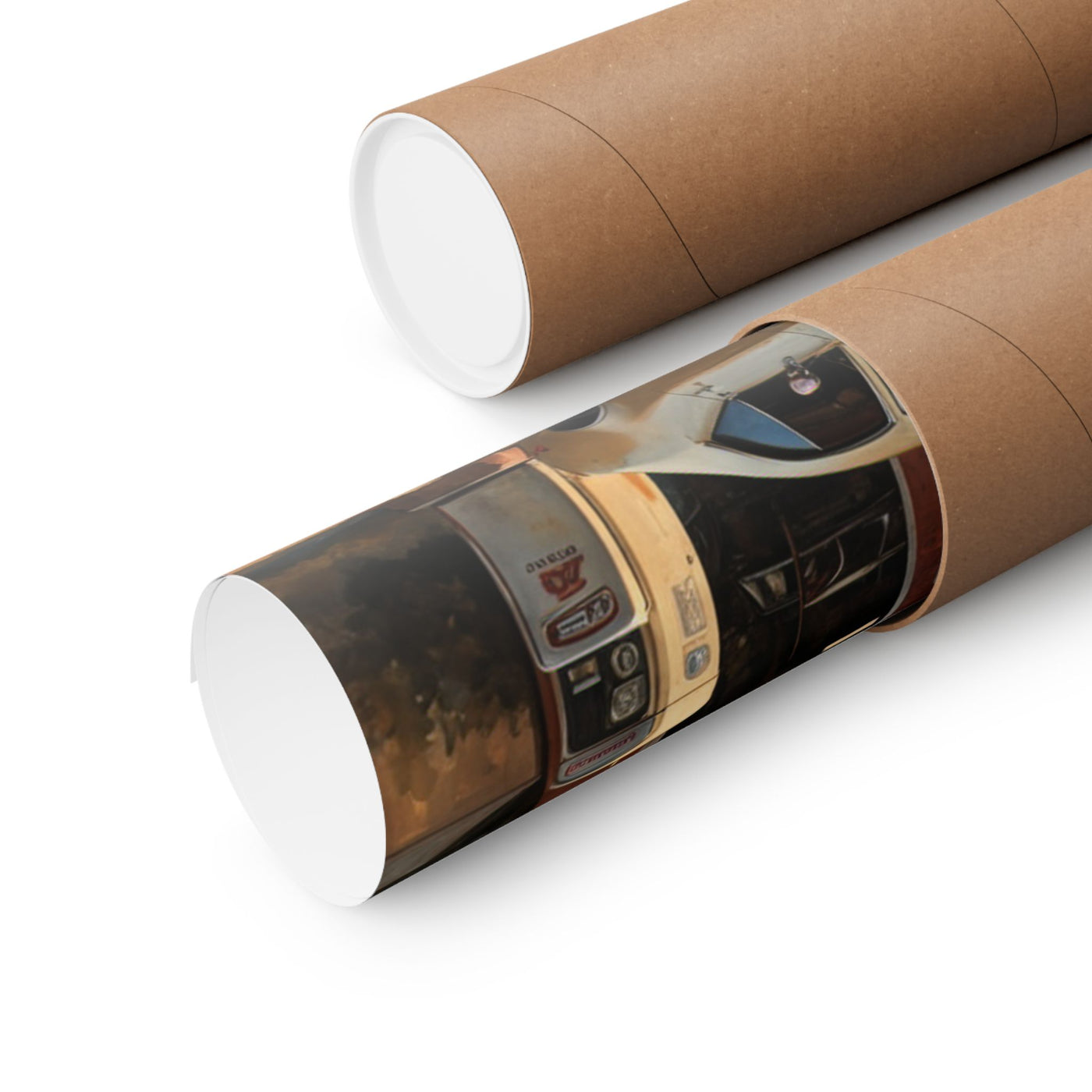 Vintage Car Wall Art poster rolled in a protective tube by Printify for easy storage and display