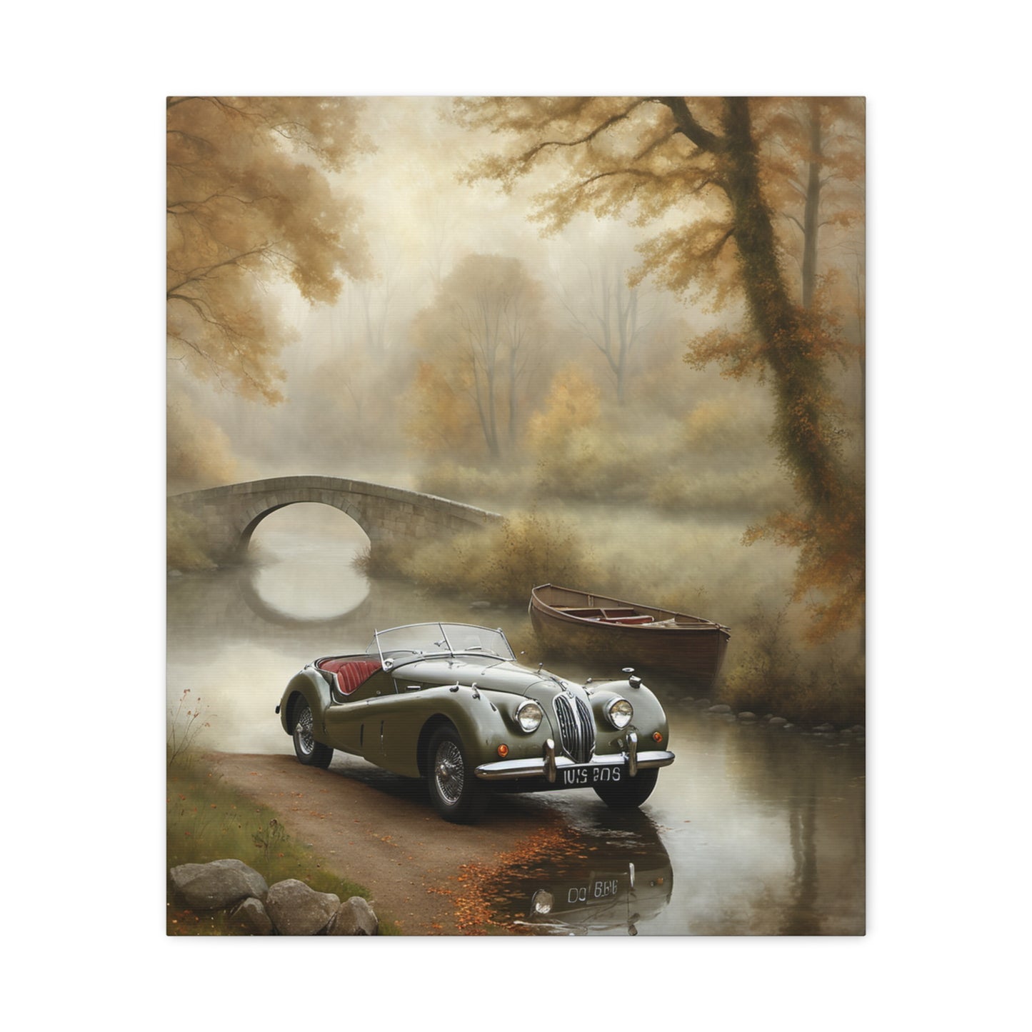 Vintage Car Wall Art featuring a classic car by a serene river scene with autumn colors