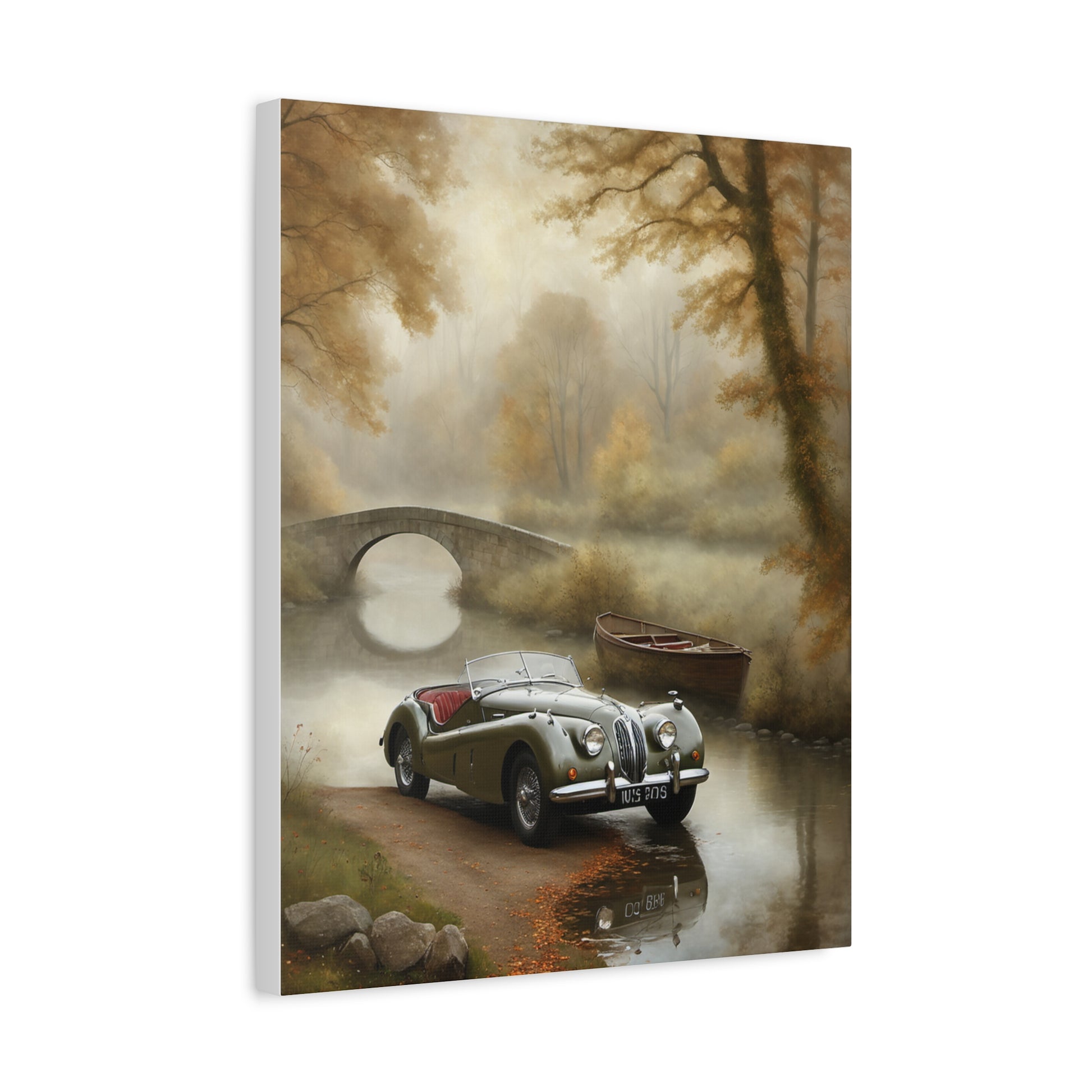 Vintage Car Wall Art featuring a classic car by a serene river with a bridge and boat