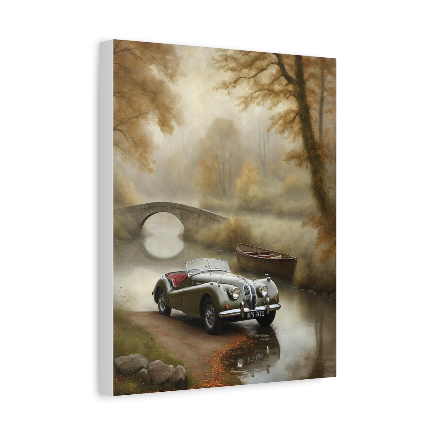 Vintage Car Wall Art featuring a classic car near a serene river and autumn foliage
