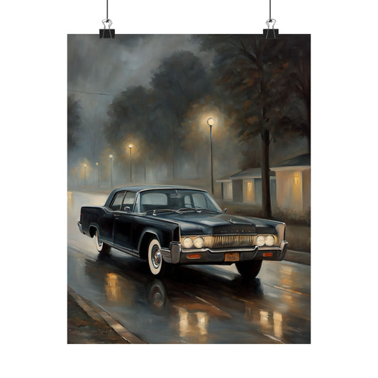 Vintage Car Wall Art featuring a classic black car driving on a rainy street illuminated by streetlights
