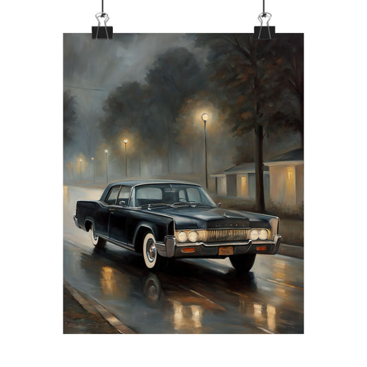 Vintage Car Wall Art featuring a vintage black car on a rainy street at night